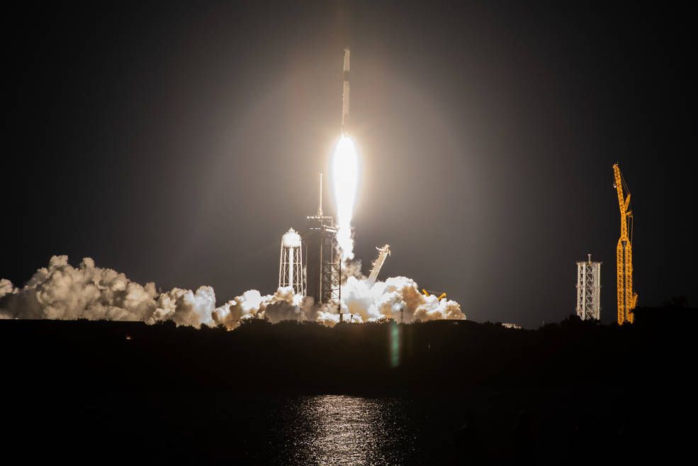 The SpaceX Falcon 9 rocket carrying the Dragon capsule soars upward after lifting off from Launch Complex 39A at NASA’s Kennedy Space Center in Florida on July 14, 2022, on the company’s 25th Commercial Resupply Services mission for the agency to the International Space Station. Liftoff was at 8:44 p.m. EDT. Dragon will deliver more than 5,800 pounds of cargo, including a variety of NASA investigations, to the space station. The spacecraft is expected to spend about a month attached to the orbiting outpost before it returns to Earth with research and return cargo, splashing down off the coast of Florida.